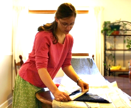 Sarah, cutting out a skirt
